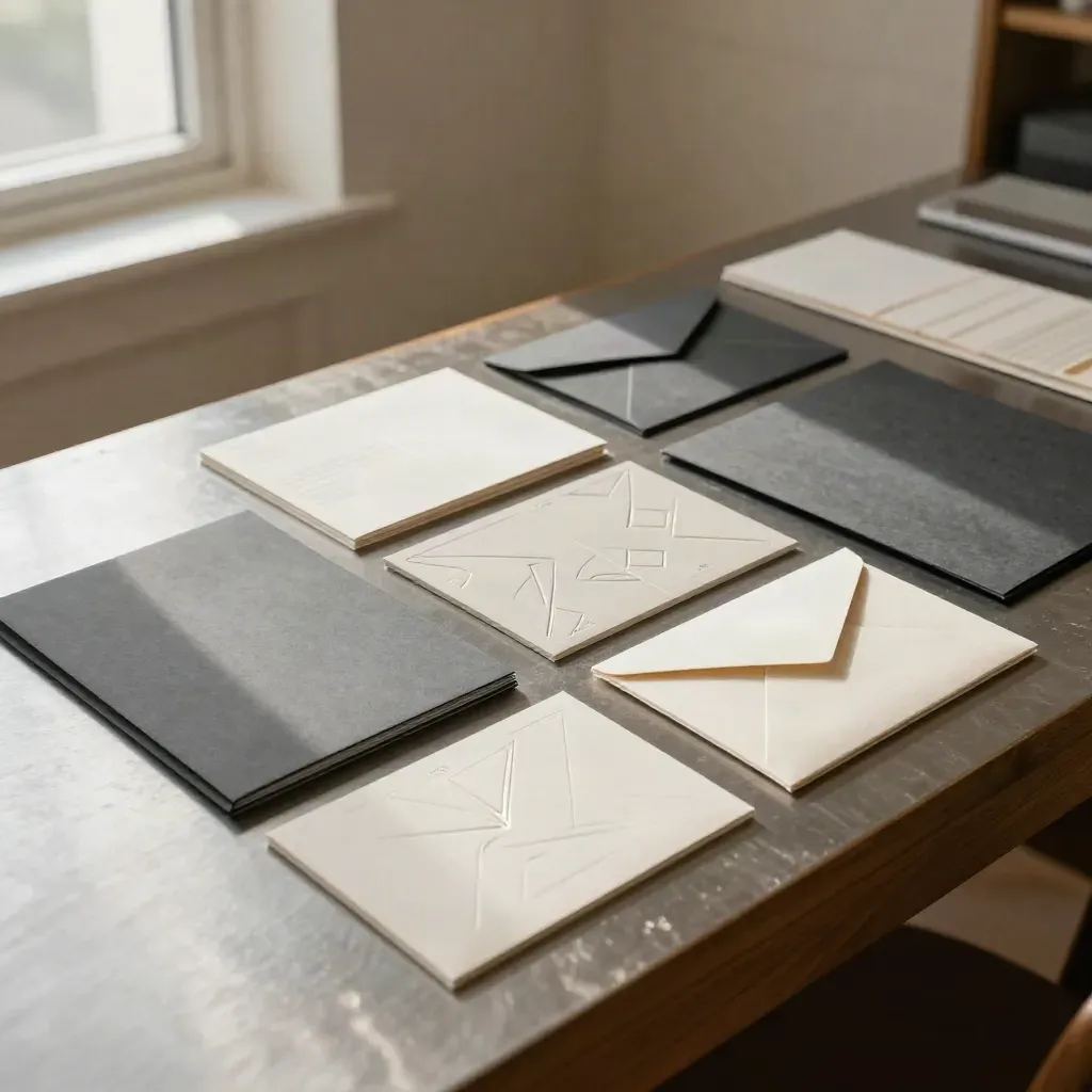 Sistema de logotipo con tarjetas en relieve, fichas metálicas y carpeta rígida sobre mesa de estudio.