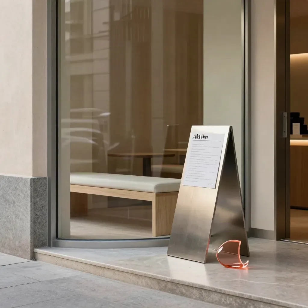 Entrada de estudio con puerta de vidrio, banco ordenado y tótem de marca coral.