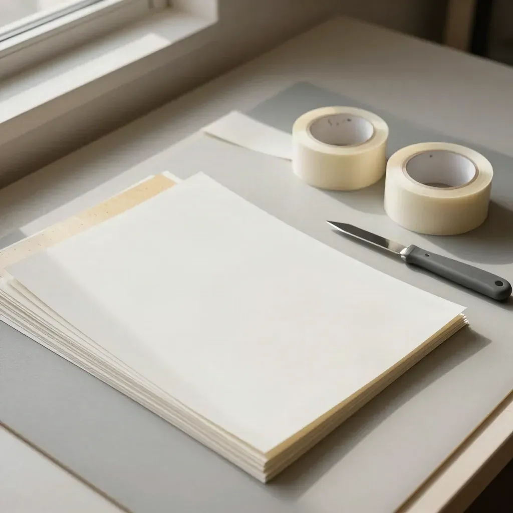 Muestras de prueba, cutter, cinta y plegadera sobre tapete de corte neutro.