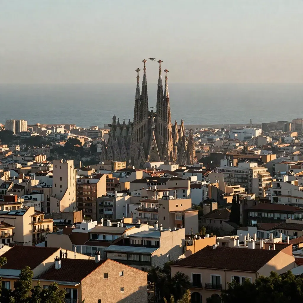 Vista de Barcelona al amanecer con la Sagrada Família y azoteas bajo bruma marina.